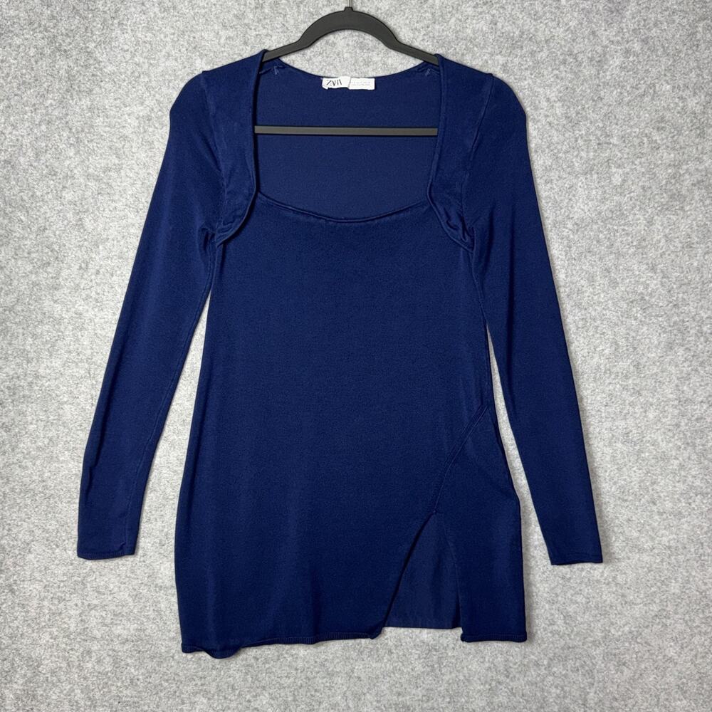 Zara Sweater Tunic‎ Womens Small Blue Asymmetrical Hem Long Sleeve Stretch